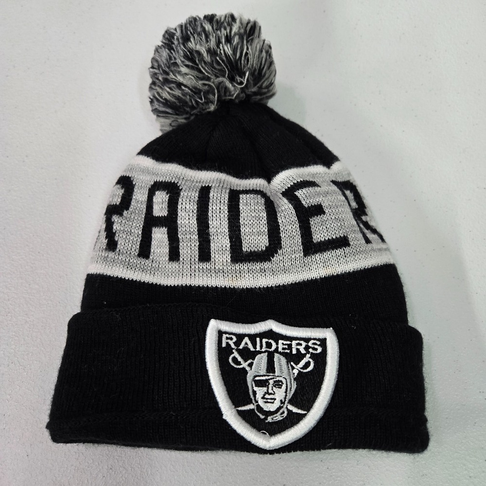 Oakland Raiders Boys Beanie Hat OS Black Pom‎ Embroidered Logo Knit Outer Fleece